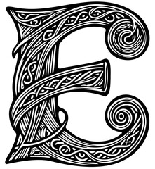Fototapeta premium Celtic Letter E Book of Kells Irish Gothic Medieval Ornate Calligraphy Vector Typography