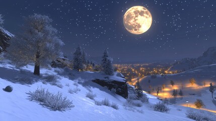 Fototapeta premium Winter Wonderland. Snowy Landscape and Lit Village Under a Full Moon, Majestic Night Scene
