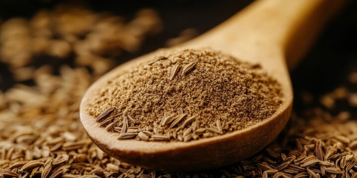 Ground cumin powder in a wooden spoon showcases the dried spice herb, commonly used in various cuisines and traditional medicine, highlighting the versatile nature of ground cumin.