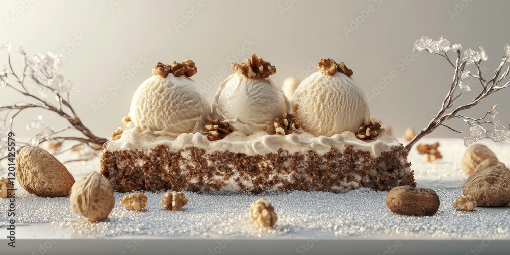 Poster 3d representation of scoops of walnut ice cream placed atop an elegantly adorned cake, highlighting 