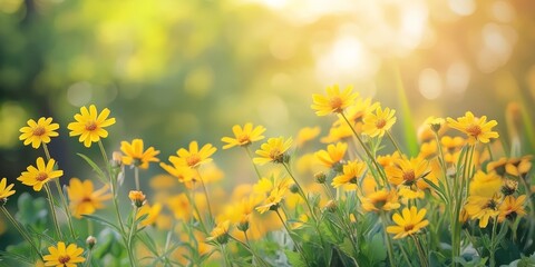 Fototapeta premium Vibrant summer flowers in full bloom showcase yellow chamomile blossoms decorating a lush meadow, creating a stunning background filled with cheerful summer flowers and their beauty.
