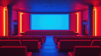 People in the cinema auditorium with Cinema blank wide screen and red chairs in the cinema hall,People silhouettes watching movie performance,empty white screen,space for text,copy space.