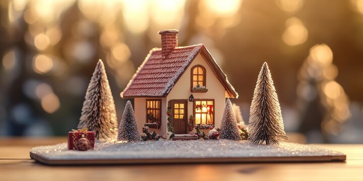 A charming house brimming with warmth and affection throughout the festive holiday season is presented beautifully on a wooden surface. The scene radiates love and coziness.