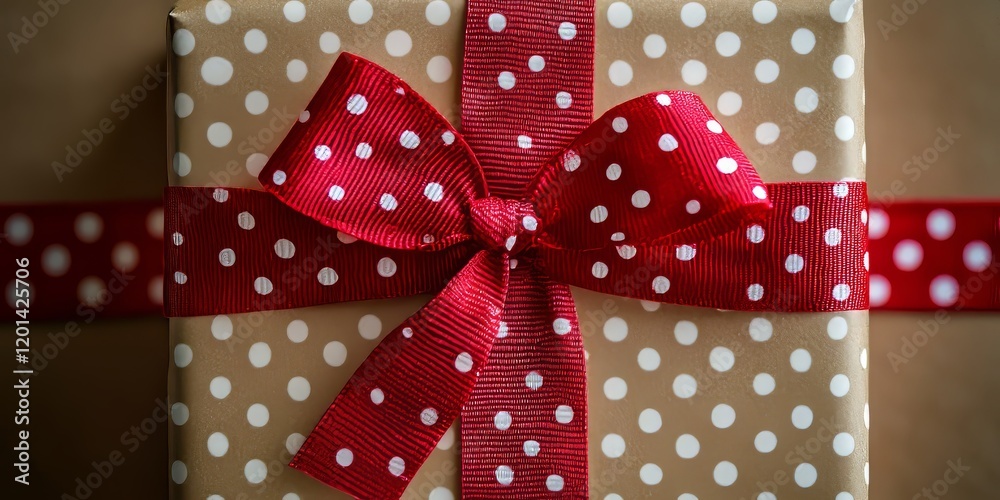 Poster brown square patterned gift box tied with a red ribbon featuring white dots, creating a festive top 