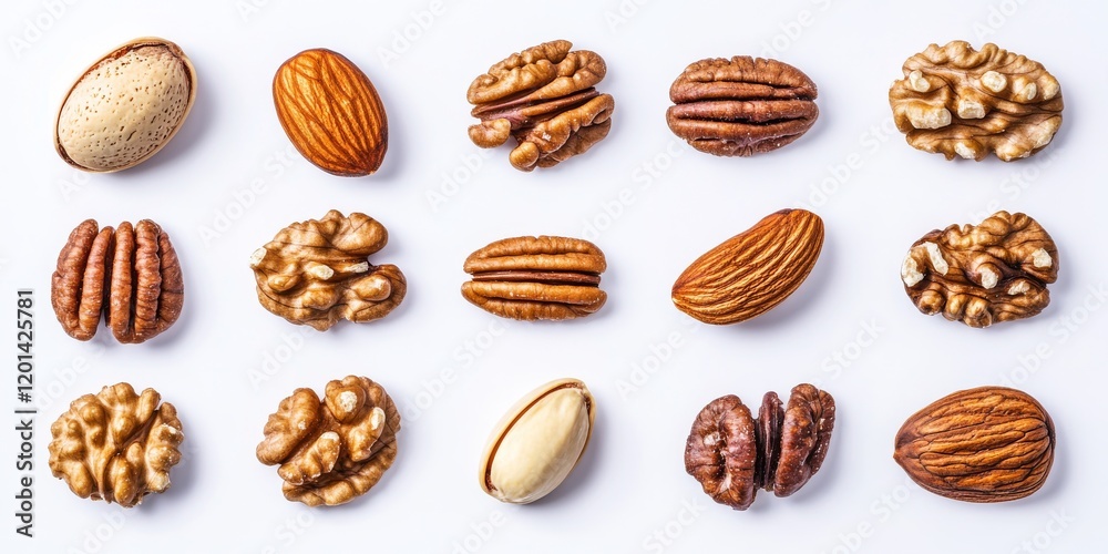 Poster delicious nuts displayed in isolation on a bright white background, highlighting the tasty nuts appe