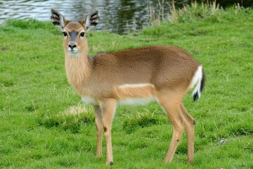 Obraz premium A tranquil image of a reedbuck standing alert in a grassy marshland