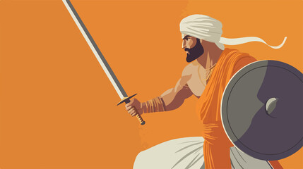 Strong Hindu man with sword and shield Gatka flat vector illustration