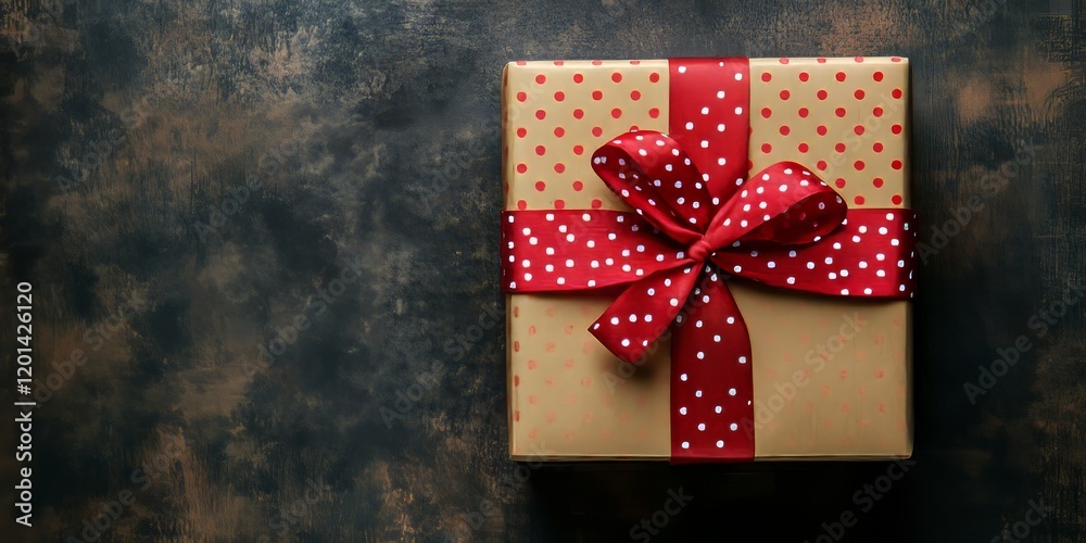 Poster brown square patterned gift box tied with a red ribbon featuring white dots, creating a festive top 