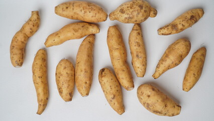 Group of fresh local raw honey sweet potatoes isolated on white background.