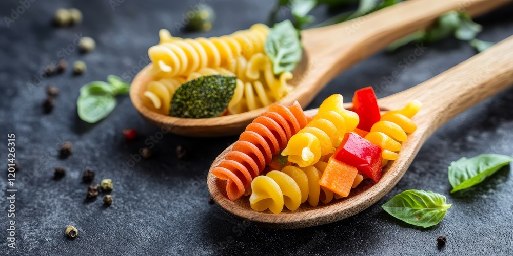 Poster two wooden spoons filled with colorful raw vegetable rotini, showcasing the vibrant textures and sha