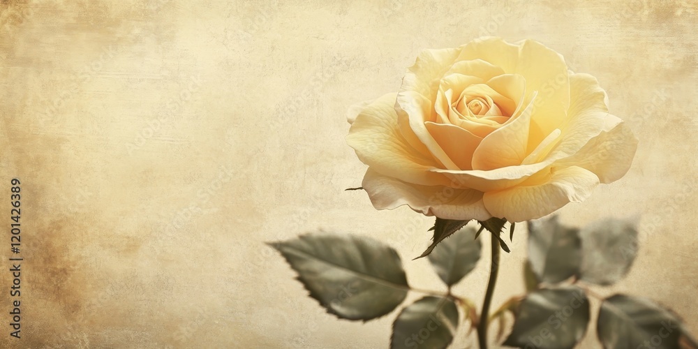 Fototapete textured old paper background featuring a delicate pale yellow rose, creating an elegant and nostalg