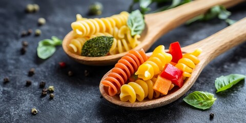 Naklejka premium Two wooden spoons filled with colorful raw vegetable rotini, showcasing the vibrant textures and shapes of raw vegetable rotini in a rustic culinary setting. Perfect for food enthusiasts.