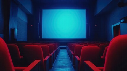 Fototapeta premium People in the cinema auditorium with Cinema blank wide screen and red chairs in the cinema hall,People silhouettes watching movie performance,empty white screen,space for text,copy space.