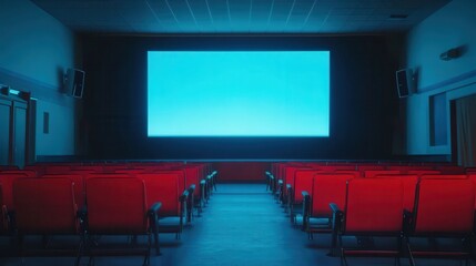People in the cinema auditorium with Cinema blank wide screen and red chairs in the cinema hall,People silhouettes watching movie performance,empty white screen,space for text,copy space.