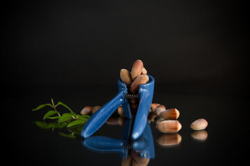 hazelnuts with nutcracker isolated on black background