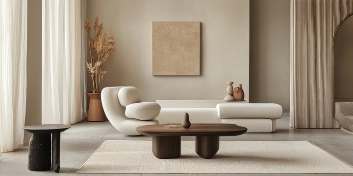 A small pedestal showcases the product, elegantly framed by modern furniture, emphasizing a chic and stylish overall aesthetic.