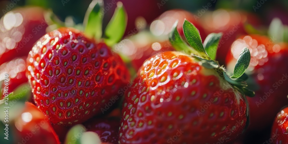 Poster macro shot capturing a vibrant group of strawberries, highlighting the freshness and detail of these
