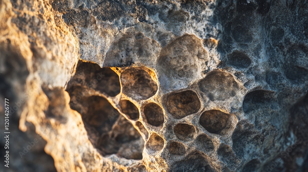 Aufkleber Macro texture showcasing the intricate details of ancient stone illuminated by natural light, highlighting the unique patterns and formations that define the beauty of ancient stone.