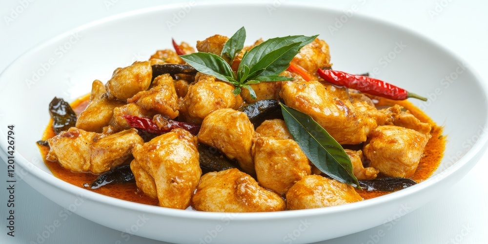 Poster stir fried chicken prepared with aromatic curry paste beautifully displayed against a white backgrou