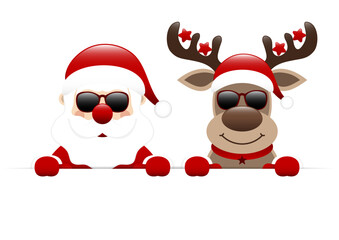 Weihnachtsmann Und Rentier Sonnenbrille Mit Sternen Halten Horizontales Banner Dunkelrot