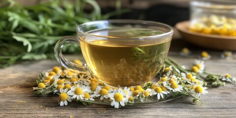 Fototapeta premium Herbal chamomile tea served with dried chamomile flowers highlights the healing properties of chamomile. This chamomile infusion supports immune health, embodying folk and traditional medicine