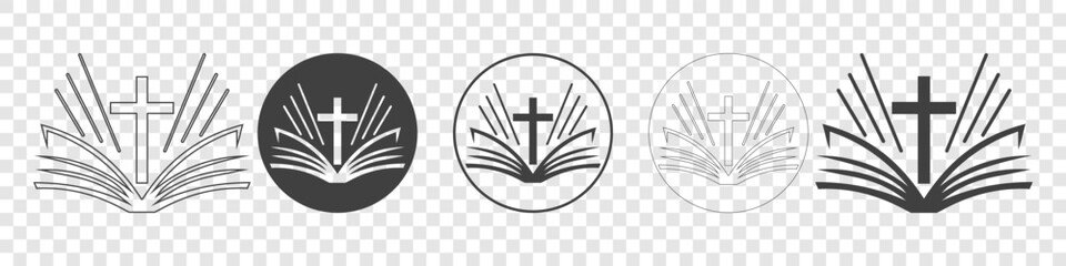 vector icon of an open bible with a cross on a white background