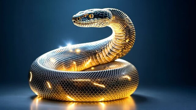 Illuminated snake twisting gracefully in dark environment