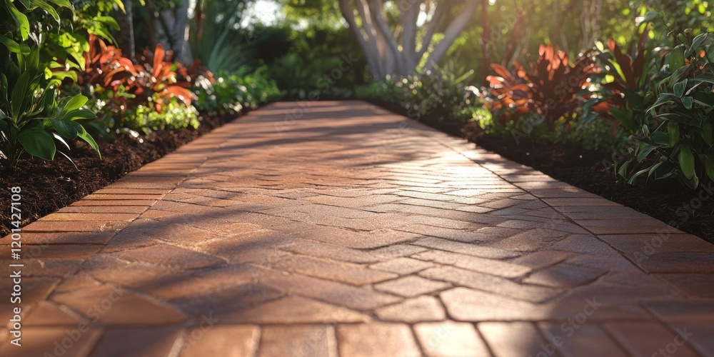 Fototapete The walkway features a charming design, paved with brown bricks, creating an inviting path. This brown bricks walkway enhances the aesthetic and provides a unique texture for any space.