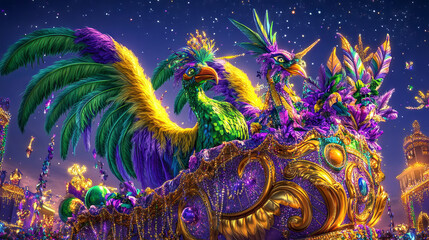 Extravagant Mardi Gras Carnival Parade with Colorful Birds and Night Sky, Art Illustration of Festive Celebration, Concept of Cultural Festival, Vibrant Costumes
