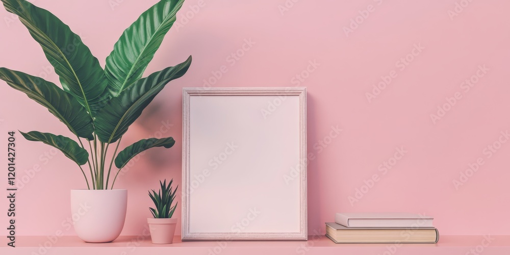 Poster an empty picture frame sits on a shelf alongside a potted plant and a classic book, all set against 
