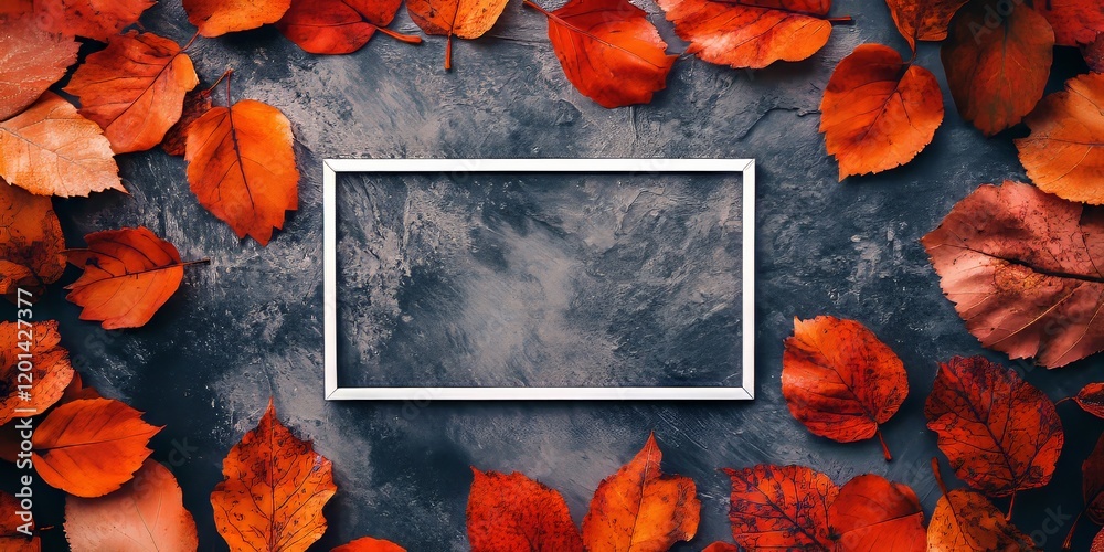 Poster halloween themed border background with a flat lay design. a white banner frame rests atop a stone s