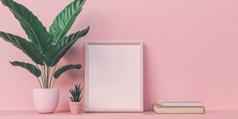 An empty picture frame sits on a shelf alongside a potted plant and a classic book, all set against a soft pink backdrop.
