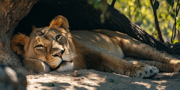 A young male lion comfortably resting in the shade, exemplifying the serene moments in the life of a young male lion seeking refuge from the sun. This young male lion showcases natural beauty and