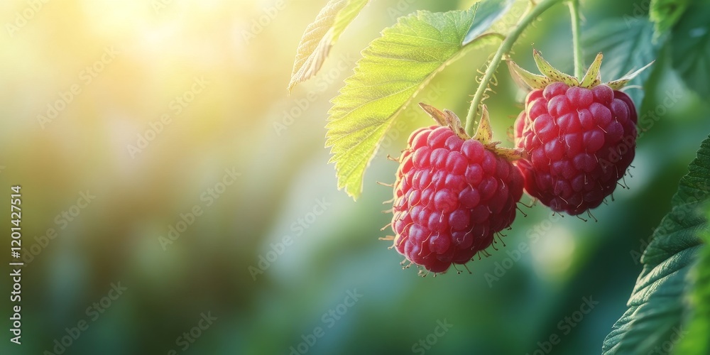Aufkleber close up view of ripe organic raspberry delicately hanging from a branch in a lush garden. this ripe