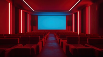 Fototapeta premium People in the cinema auditorium with Cinema blank wide screen and red chairs in the cinema hall,People silhouettes watching movie performance,empty white screen,space for text,copy space.