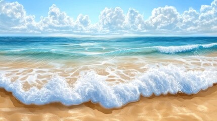 Serene beach scene with gentle waves lapping sandy shore under a bright, sunny sky.