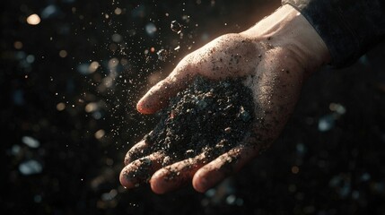 Hand holding soil mixed with debris. Symbolic representation of pollution, environmental impact, waste management, earth preservation, recycling awareness. Generative AI