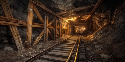 Underground gold mine shaft features a tunnel drift lined with rails and wooden timbering, showcasing the intricate design of an underground gold mine environment.