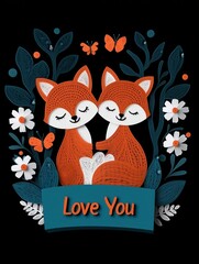 Cute Paper Art of Two Foxes Surrounded by Flowers and Butterflies with 'Love You' Written