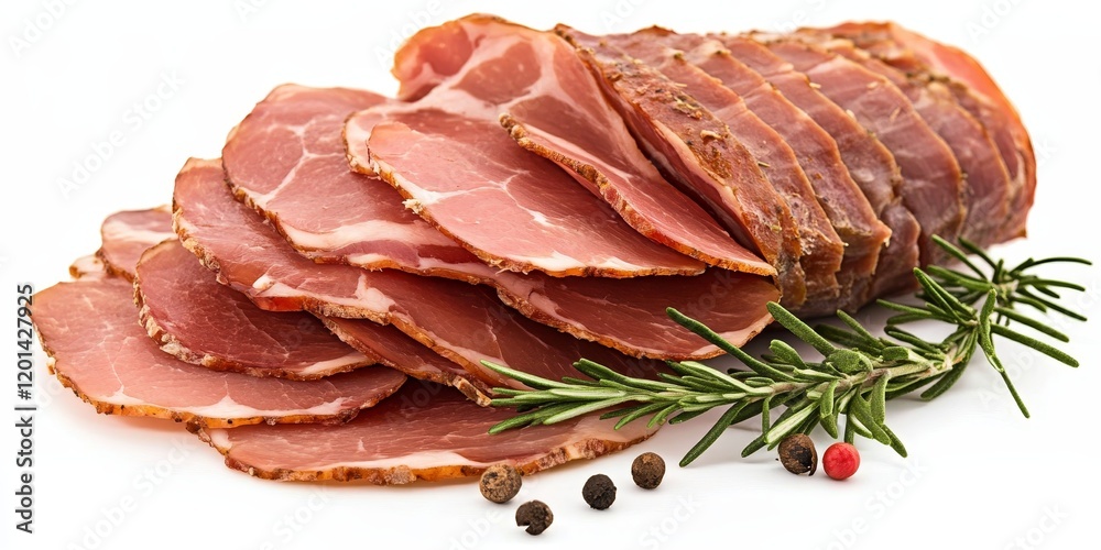Poster savory pork ham displayed as a delicacy on a clean white background, showcasing the rich texture and