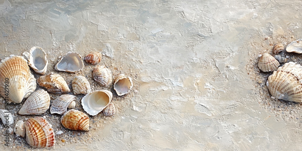 Poster winter beach scene featuring beautiful seashells scattered on the sand, showcasing the unique textur