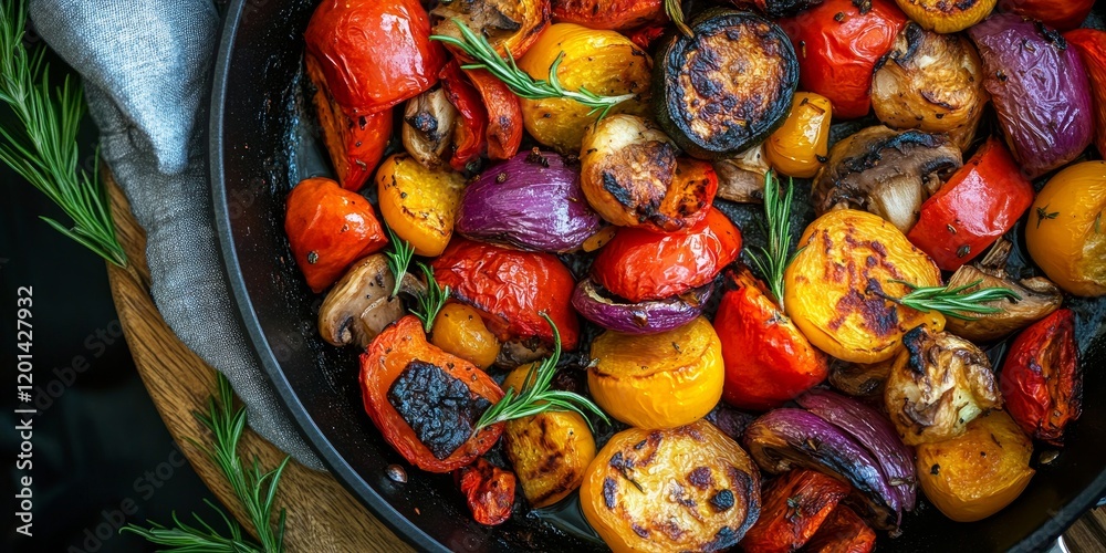 Poster roasted vegetables sizzling in a frying pan, showcasing a vibrant mix of flavors and textures. this 