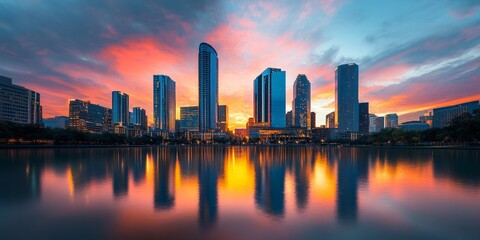 Fototapeta premium Cityscape at sunset featuring a vibrant skyline. The cityscape showcases the dynamic beauty of urban life, highlighting the stunning colors of sunset reflected in the business district.