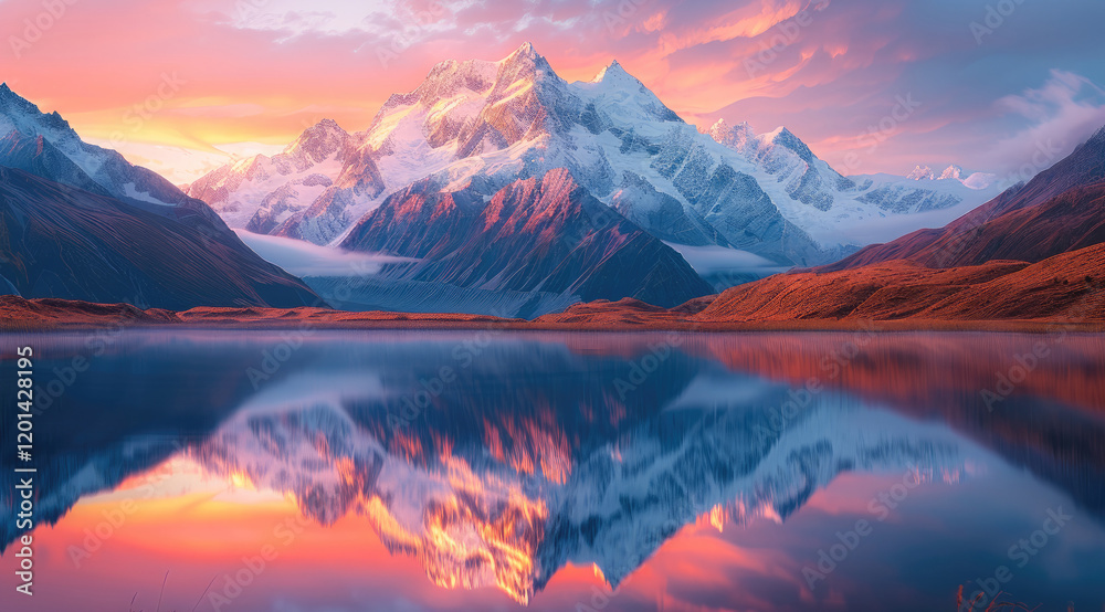 Poster the first light of dawn illuminating snow-capped mountains reflected in a tranquil lake. the sky is 