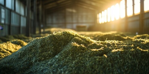 Silage production concept highlights the storage process for silage on a farm, focusing on fermented feed created for cattle. Effective silage production involves compacting chopped maize for optimal