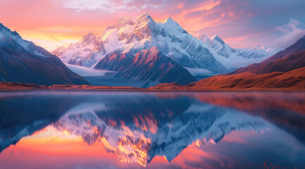The first light of dawn illuminating snow-capped mountains reflected in a tranquil lake. The sky is painted with hues of pink and orange.
