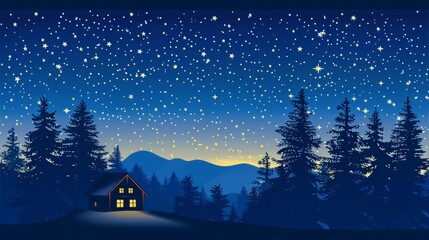 Naklejka premium A serene night scene featuring a cozy house under a starry sky and silhouetted trees.
