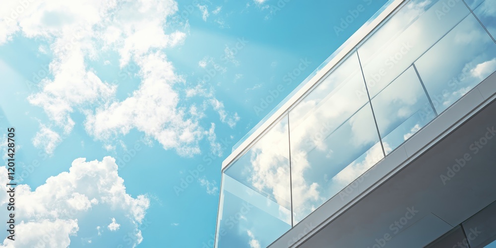 Poster a detailed view of a contemporary structure showcasing reflections of the sky and clouds in its glas