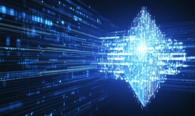 Fototapeta premium Arrow pointing forward on digital tech background, Abstract boosting conception of high-speed Internet connection. Light low poly wireframe vector illustration on technology blue backgroun