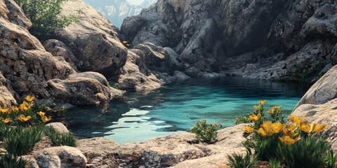 Obraz premium Serene small mountain water lagoon rests beneath a rugged rocky shore, creating a peaceful atmosphere perfect for nature lovers. The small mountain water lagoon invites exploration and tranquility.